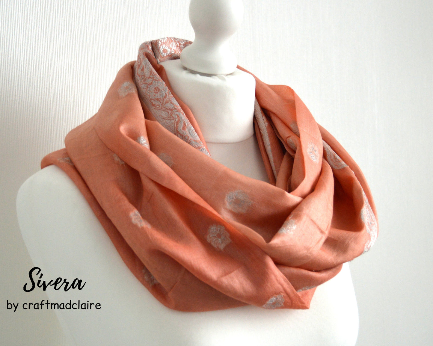 Peach Silver Upcycled Vintage Sari Silk Scarf - Eco Friendly Spring Summer Trend Womens Scarf - Sophisticated Boho Upcycled Mothers Day Gift