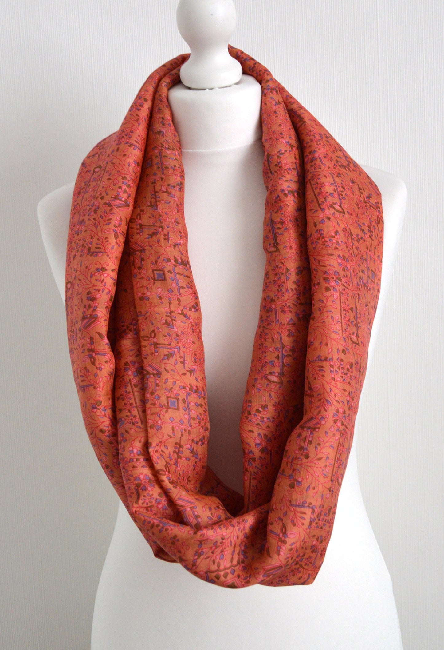 Peach Floral Sari Silk Scarf - Bohemian  Womens Scarf - Eco Friendly Upcycled Mothers Day Gift For Her Mum Sister Aunt
