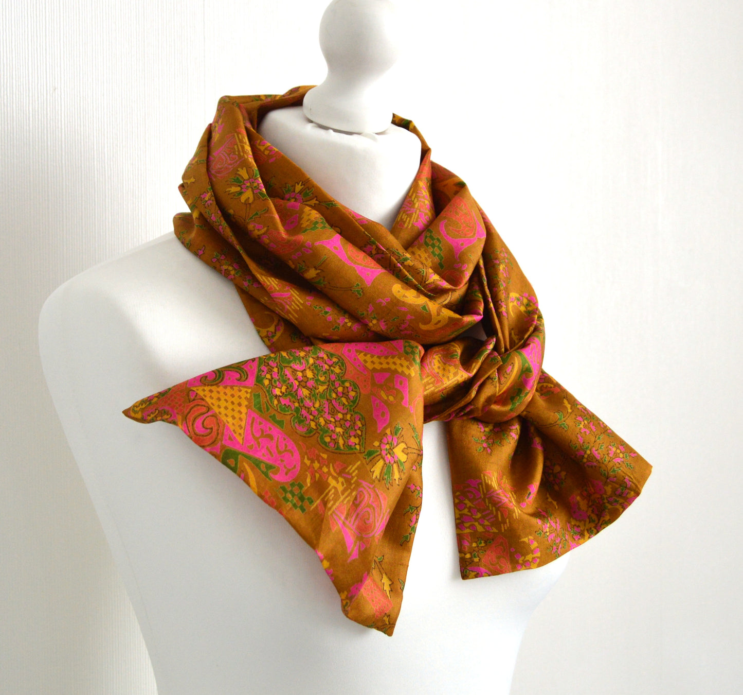Ochre Cerise Upcycled Vintage Sari Silk Scarf - Sophisticated Boho Mothers Day Gift for Her - Eco Friendly Spring Summer Womens Scarf