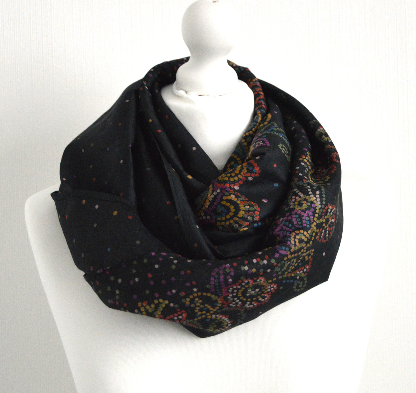 Black Multi Paisley Upcycled Sari Silk Infinity Loop Scarf