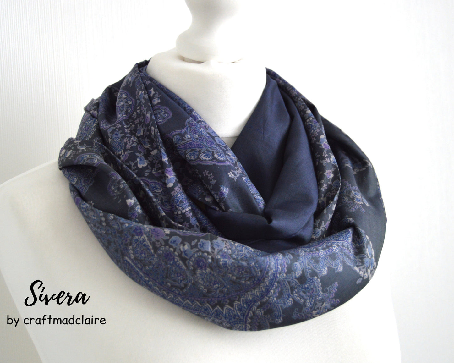 Grey Blue Paisley Upcycled Vintage Sari Silk Scarf - Bohemian Autumn Fall Winter Womens Scarf - Eco Friendly Gift For Her Mum Mom Sister