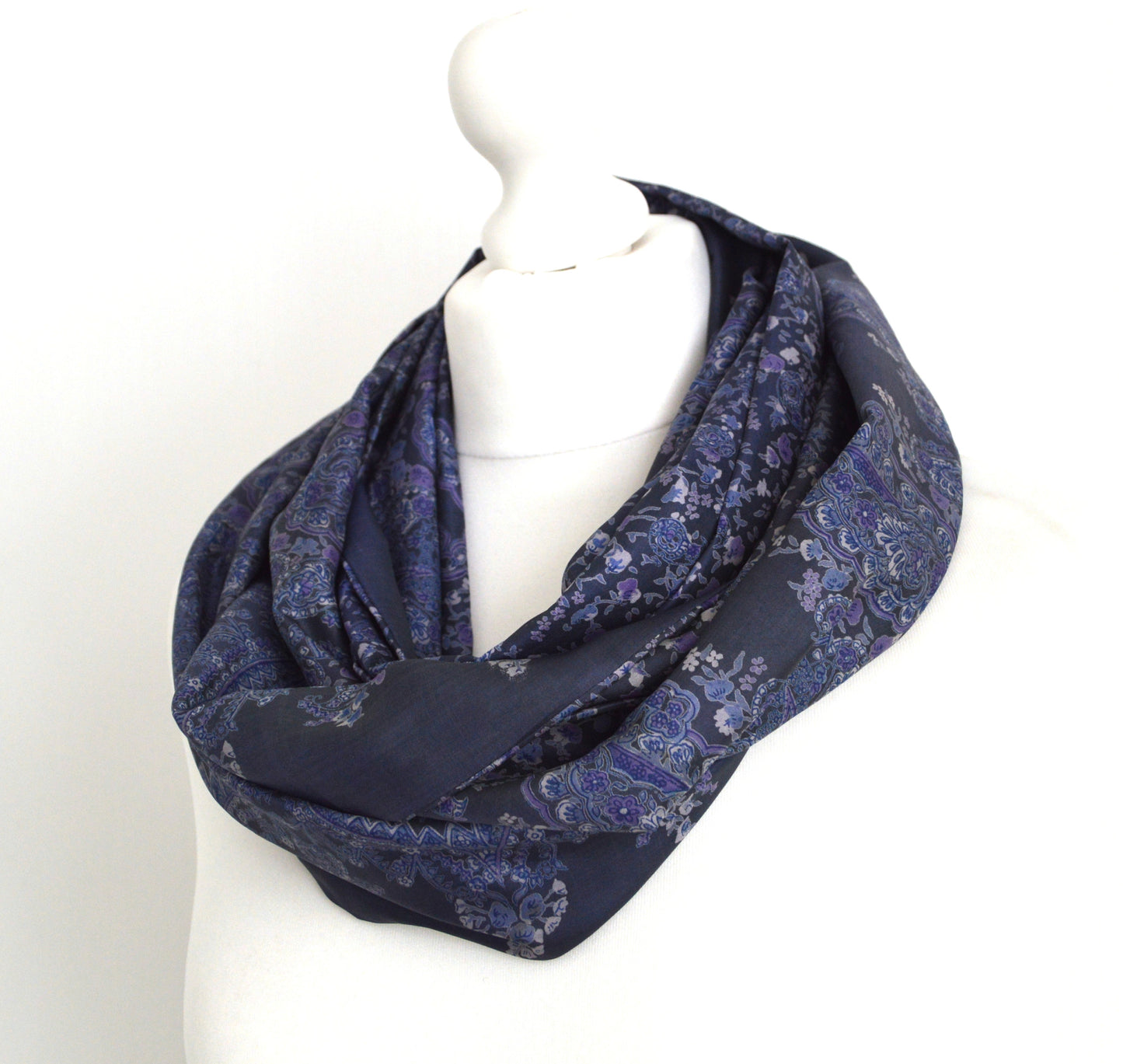 Grey Blue Paisley Upcycled Vintage Sari Silk Scarf - Bohemian Autumn Fall Winter Womens Scarf - Eco Friendly Gift For Her Mum Mom Sister