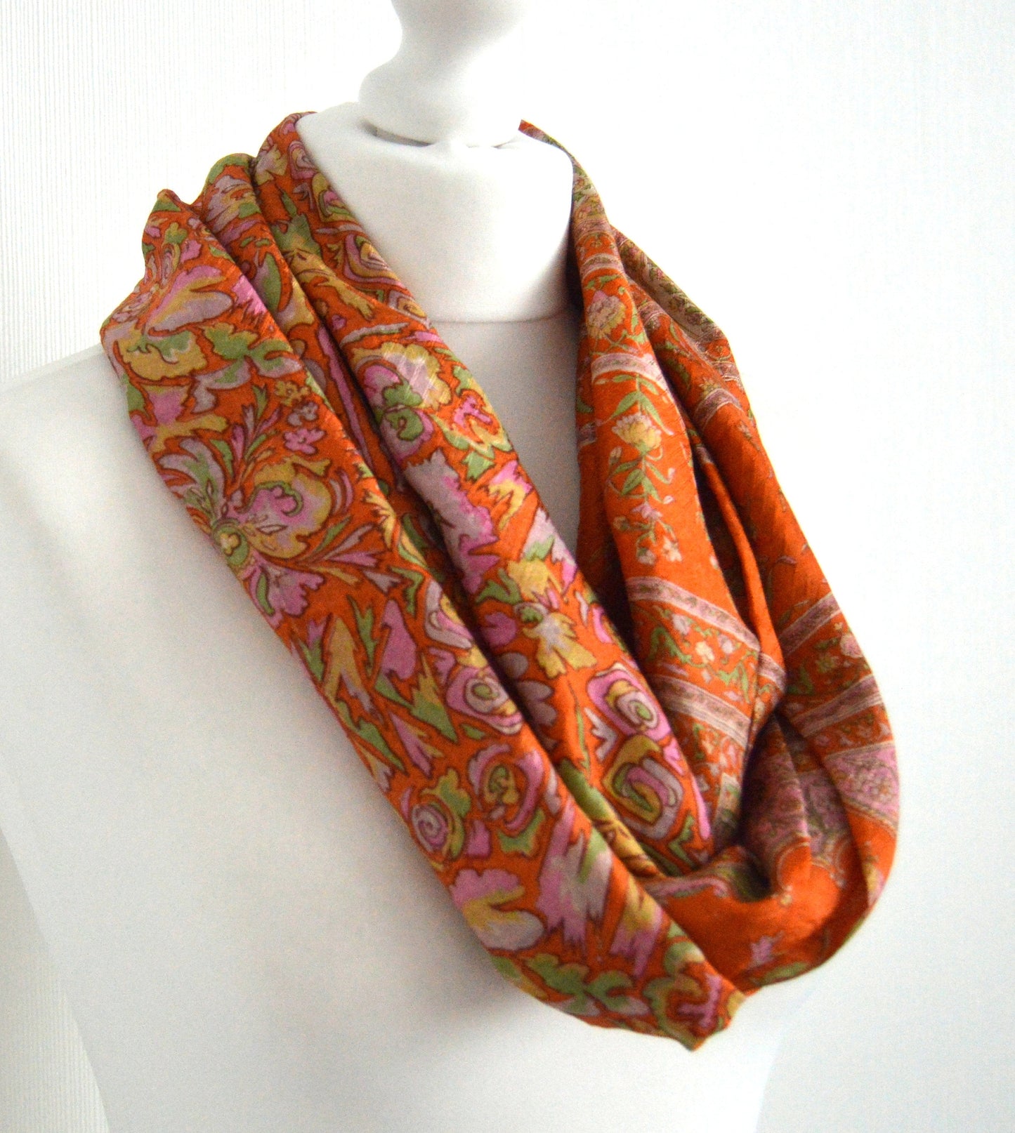 Orange Upcycled Vintage Sari Silk Scarf - Bohemian Autumn Fall Winter Womens Scarf - Eco Friendly Christmas Gift For Her Mum Mom Sister