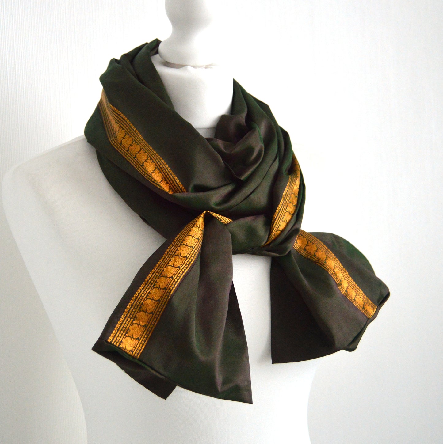 Olive Tonic Upcycled Vintage Sari Silk Scarf - Bohemian Autumn Fall Winter Unisex Womens Scarf - Eco Friendly Christmas Gift for Her or Him