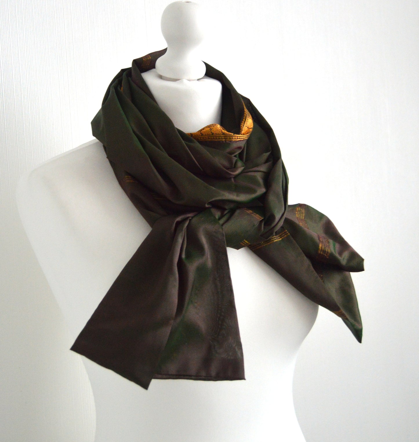 Olive Tonic Upcycled Vintage Sari Silk Scarf - Bohemian Autumn Fall Winter Unisex Womens Scarf - Eco Friendly Christmas Gift for Her or Him