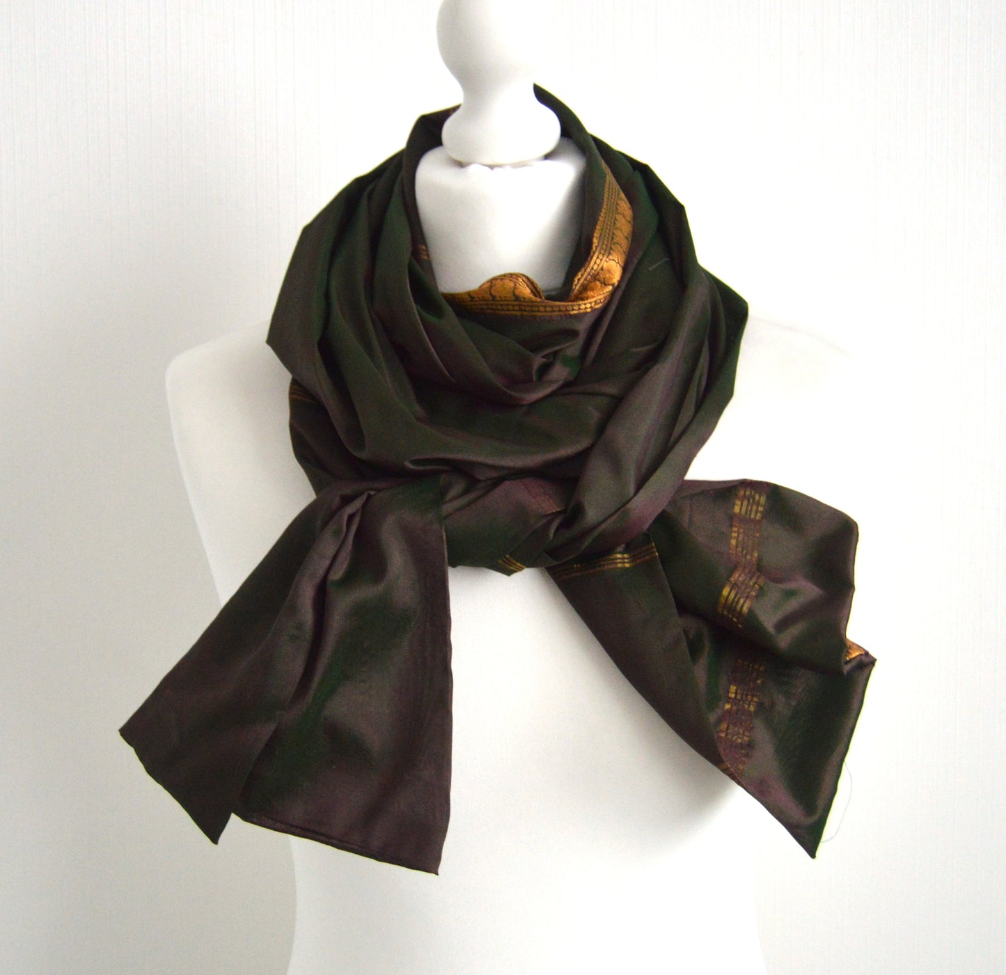 Olive Tonic Upcycled Vintage Sari Silk Scarf - Bohemian Autumn Fall Winter Unisex Womens Scarf - Eco Friendly Christmas Gift for Her or Him