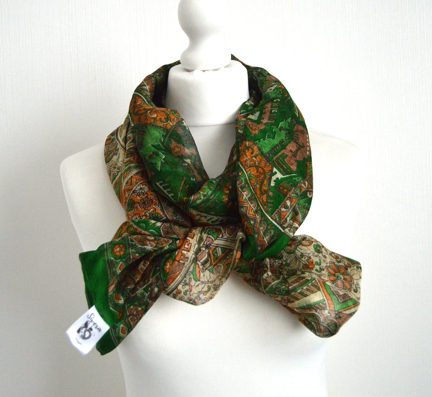 Green Cream Beige Upcycled Sari Silk Scarf - Eco Friendly Autumn Fall Winter Unisex Womens Scarf - Boho Mum Mom Best Friends Christmas Gift