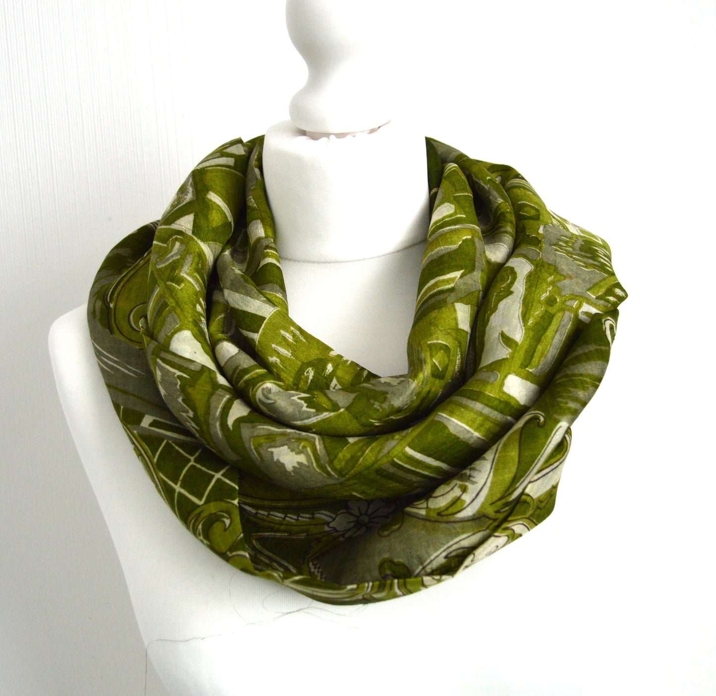 Green Upcycled Sari Silk Scarf - Bohemian Eco Friendly Unisex Spring Summer Scarf Womens Mens Scarf - Boho Chic Mothers Day Gift For Her