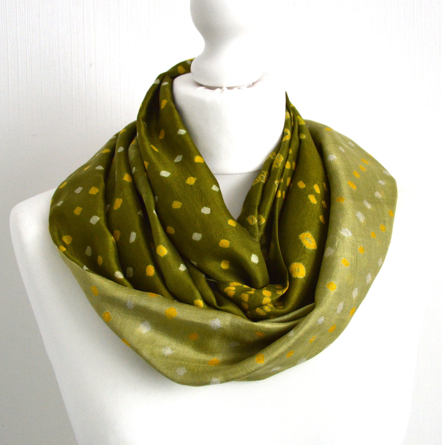 Olive Green Tie Dye upcycled Vintage Sari Silk Scarf - Hand Dyed Tie Dye Boho Scarf - Lightweight Handmade Eco Friendly Gift for Her Him