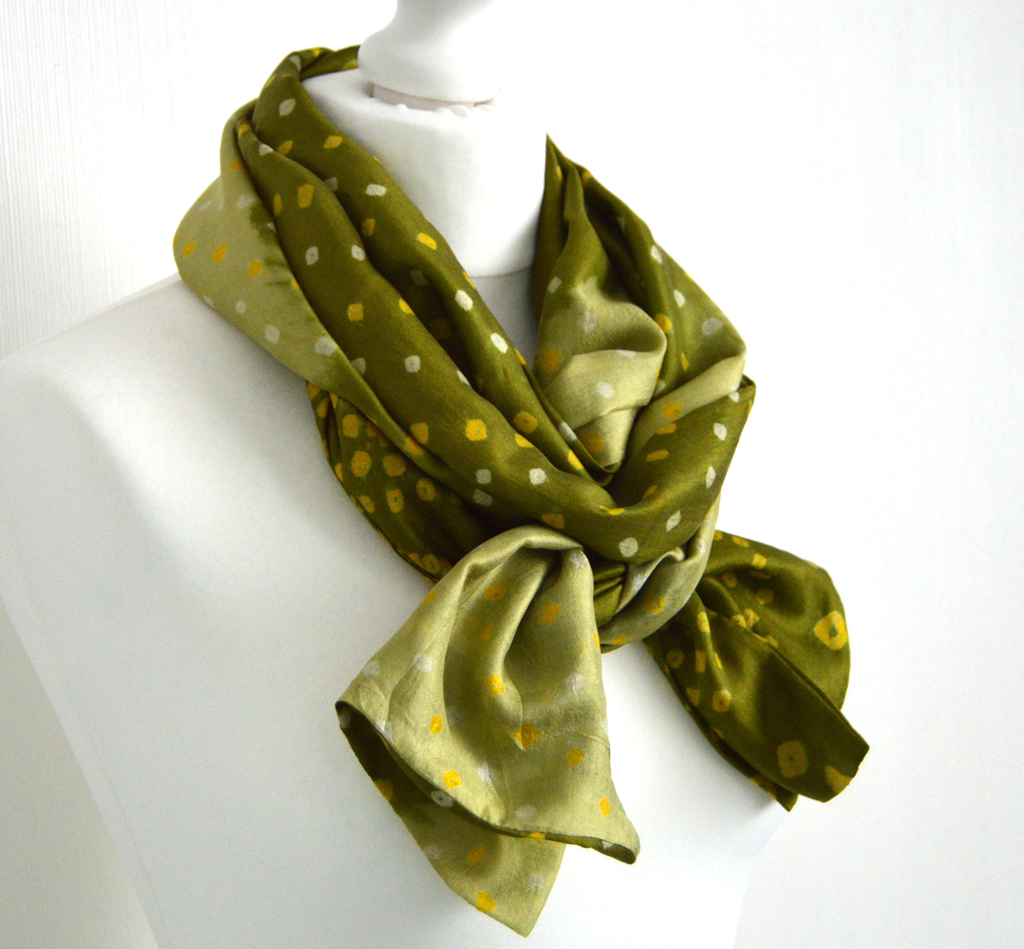 Olive Green Tie Dye upcycled Vintage Sari Silk Scarf - Hand Dyed Tie Dye Boho Scarf - Lightweight Handmade Eco Friendly Gift for Her Him