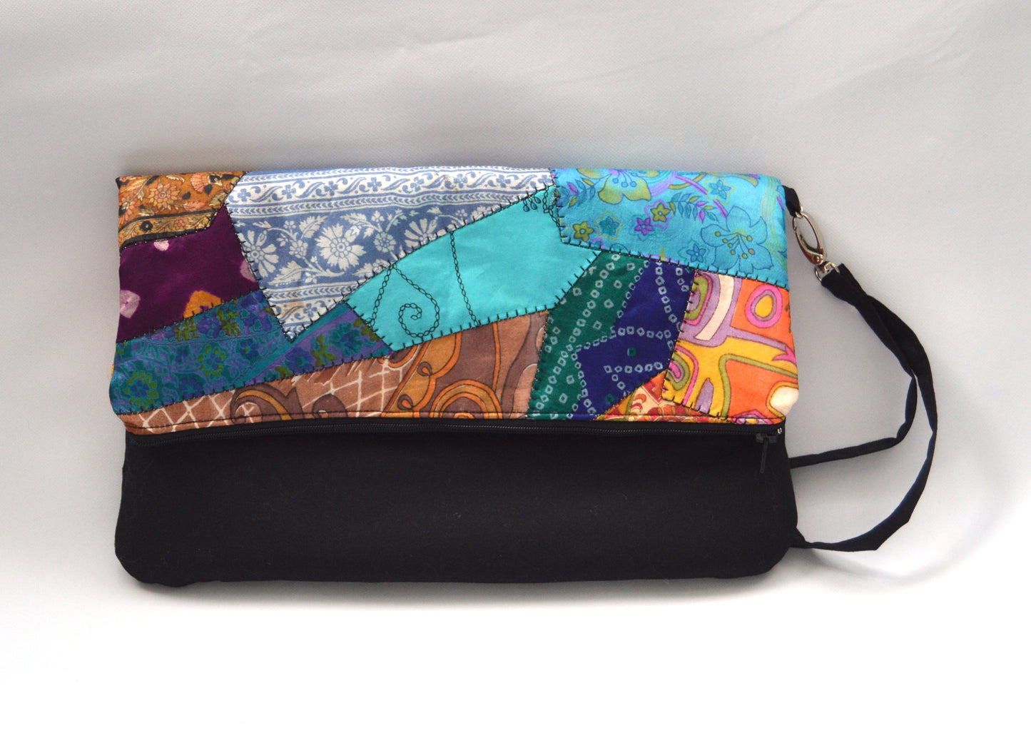 Patchwork Upcycled Vintage Sari Silk Fold-over Clutch Bag Purse