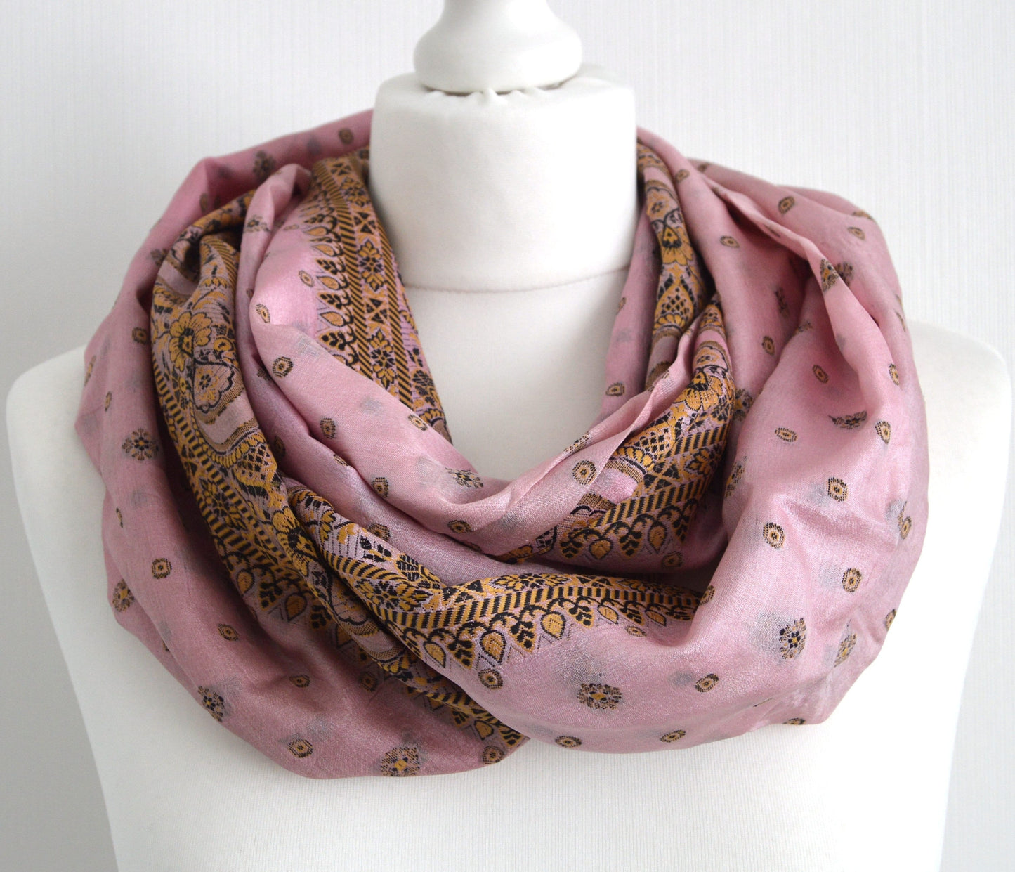 Pink Beige Upcycled Vintage Sari Silk Scarf - Bohemian Eco Friendly Upcycled Zero Waste Womens Scarf -  Christmas Thanksgiving  Gift For Her