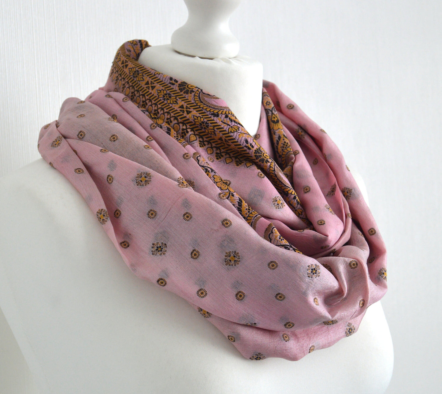 Pink Beige Upcycled Vintage Sari Silk Scarf - Bohemian Eco Friendly Upcycled Zero Waste Womens Scarf -  Christmas Thanksgiving  Gift For Her