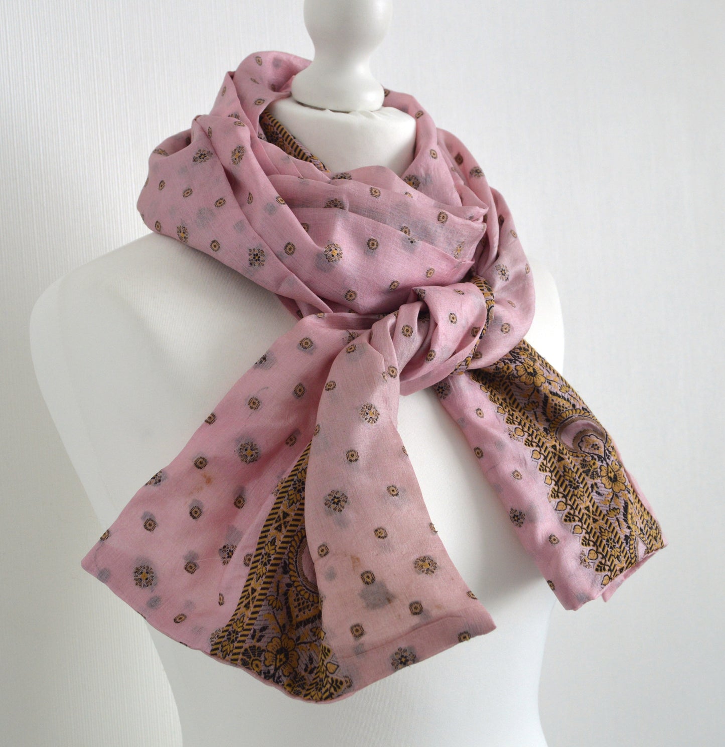 Pink Beige Upcycled Vintage Sari Silk Scarf - Bohemian Eco Friendly Upcycled Zero Waste Womens Scarf -  Christmas Thanksgiving  Gift For Her