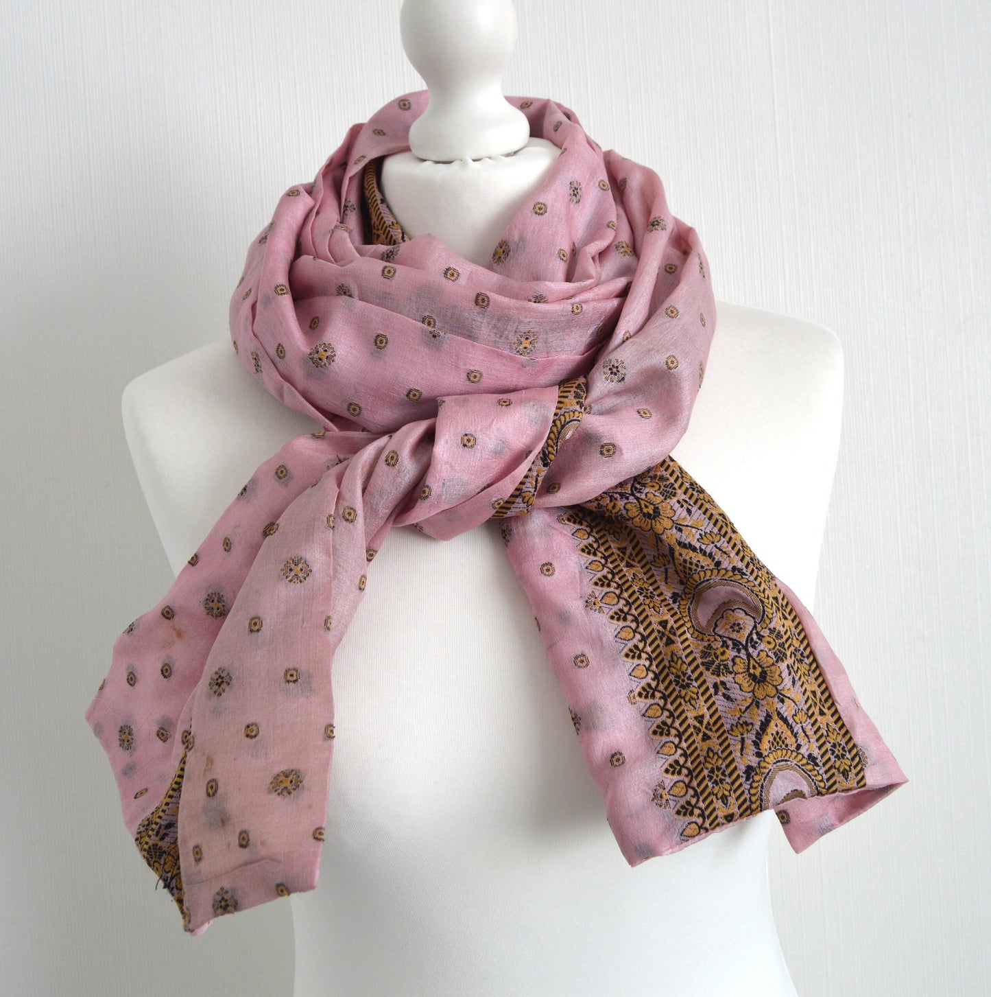 Pink Beige Upcycled Vintage Sari Silk Scarf - Bohemian Eco Friendly Upcycled Zero Waste Womens Scarf -  Christmas Thanksgiving  Gift For Her