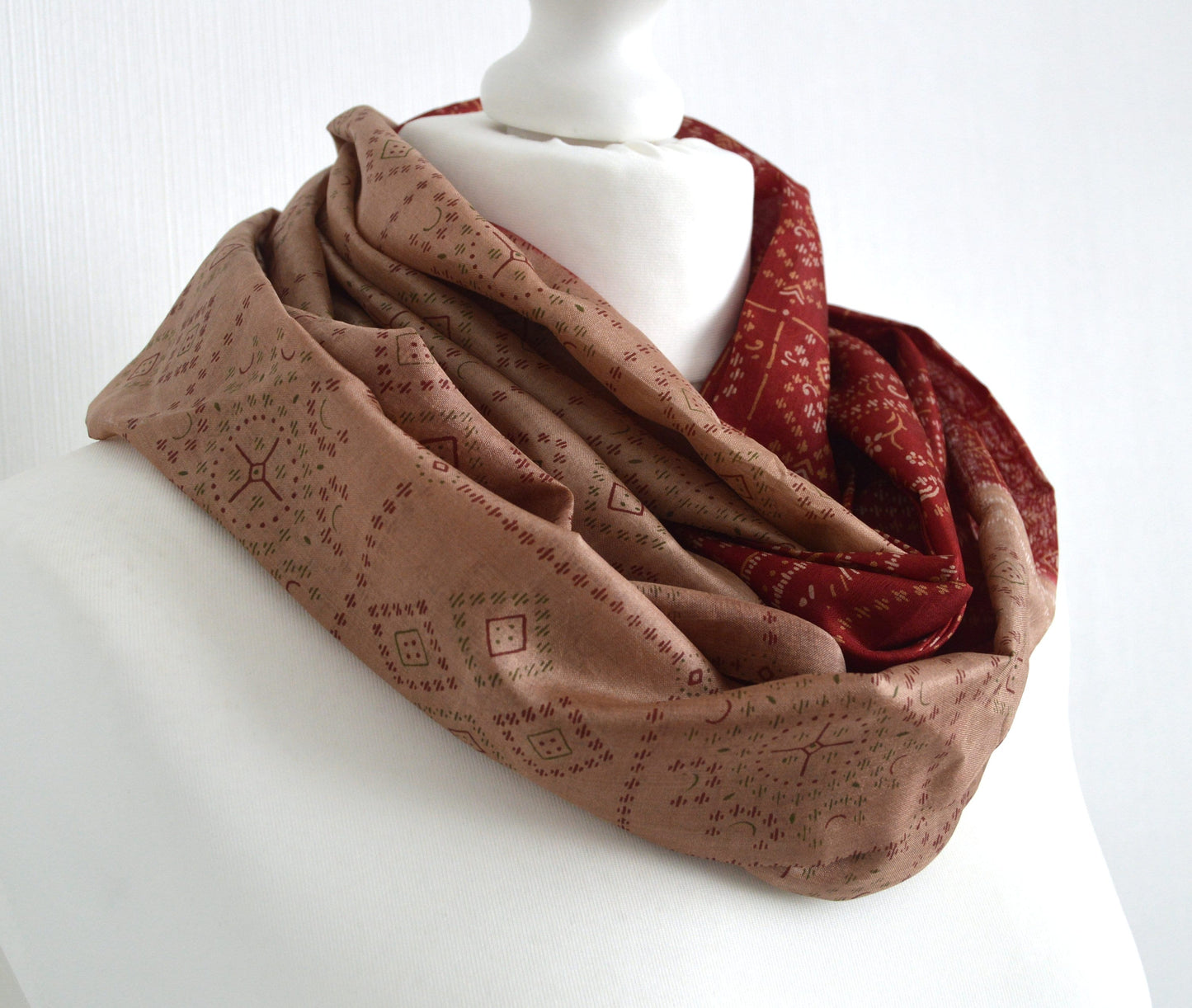 Deep Red Beige Sari Silk Scarf - Bohemian Eco Friendly Unisex Womens Scarf - Autumn Fall Winter Trend Christmas Gift For Her or Him