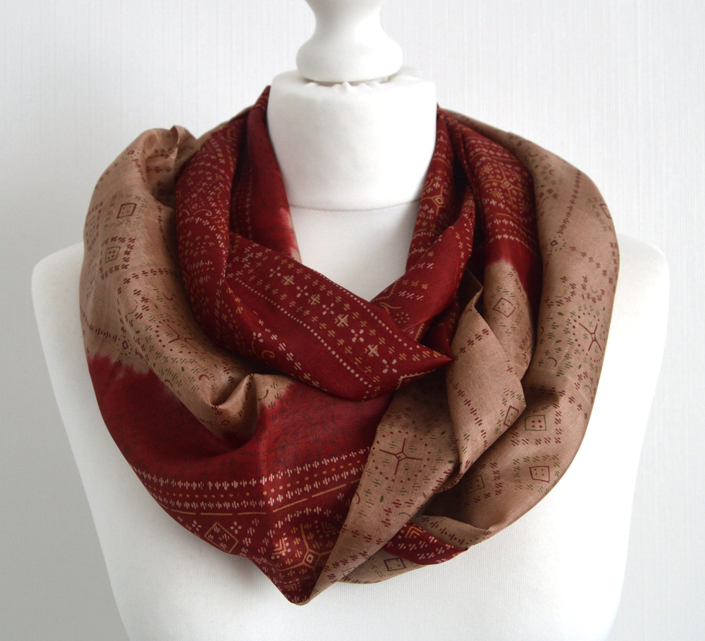 Deep Red Beige Sari Silk Scarf - Bohemian Eco Friendly Unisex Womens Scarf - Autumn Fall Winter Trend Christmas Gift For Her or Him