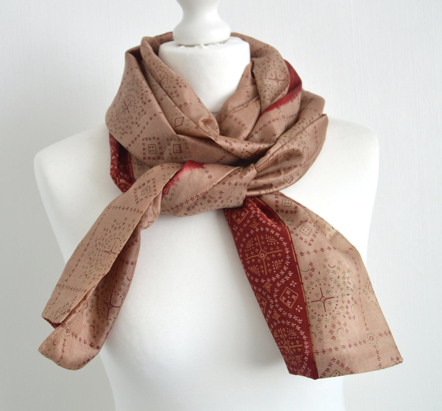 Deep Red Beige Sari Silk Scarf - Bohemian Eco Friendly Unisex Womens Scarf - Autumn Fall Winter Trend Christmas Gift For Her or Him