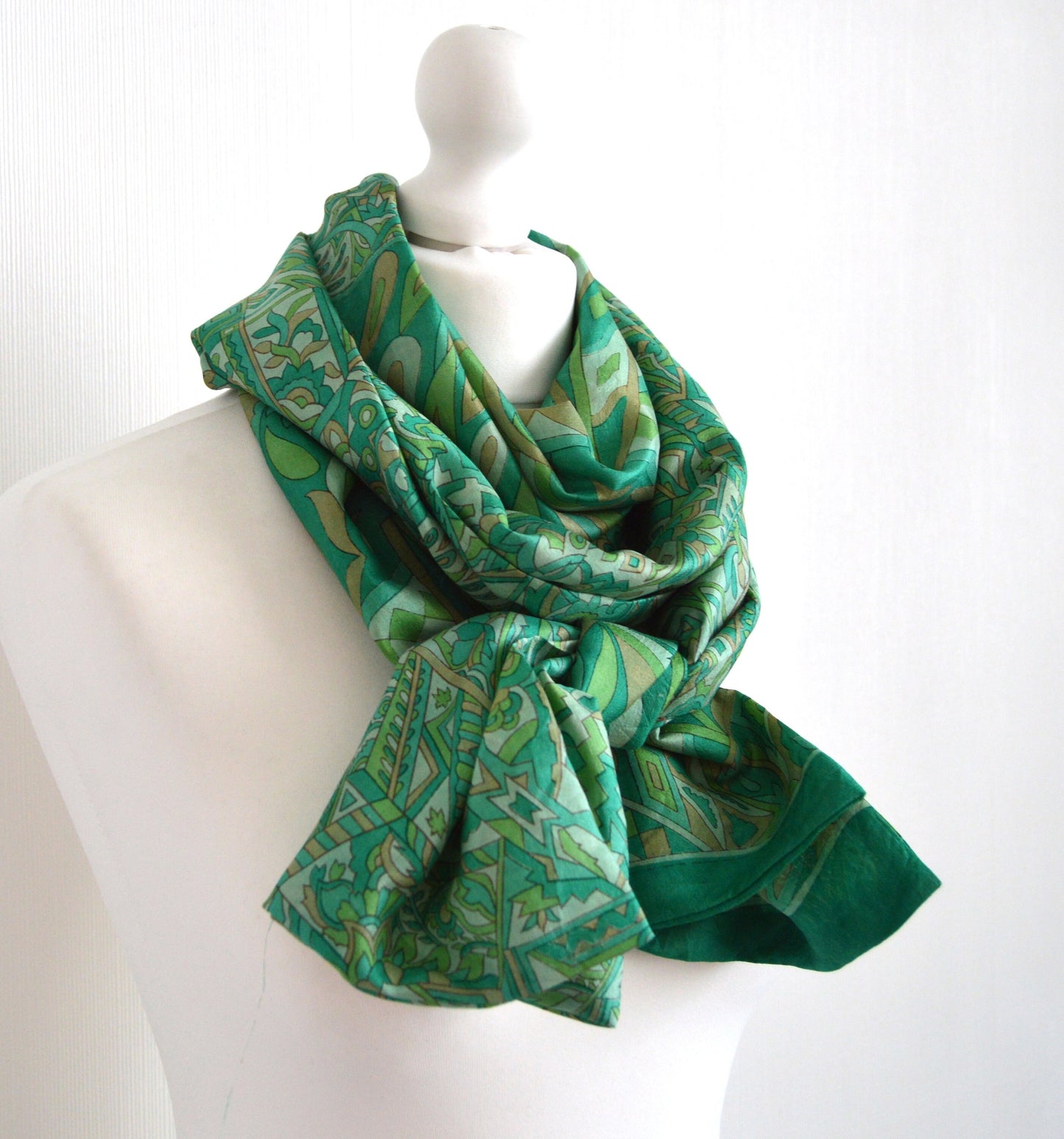 Aqua Beige Upcycled Vintage Sari Silk Scarf - Boho Autumn Fall Trend Silk Scarf Unisex Womens Scarf - Eco Friendly Christmas Gift for Her