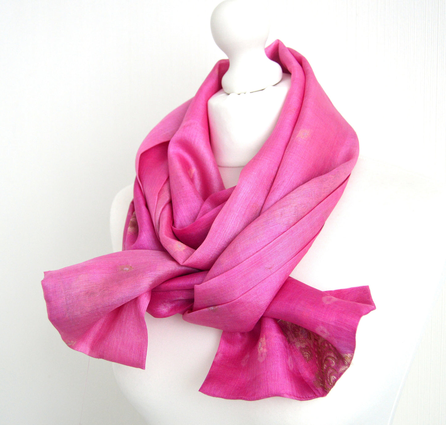Pink Beige Upcycled Vintage Sari Silk Scarf - Boho Eco Friendly Upcycled Sari Womens Scarf - Spring Summer Trend Mothers Day Gift For Her