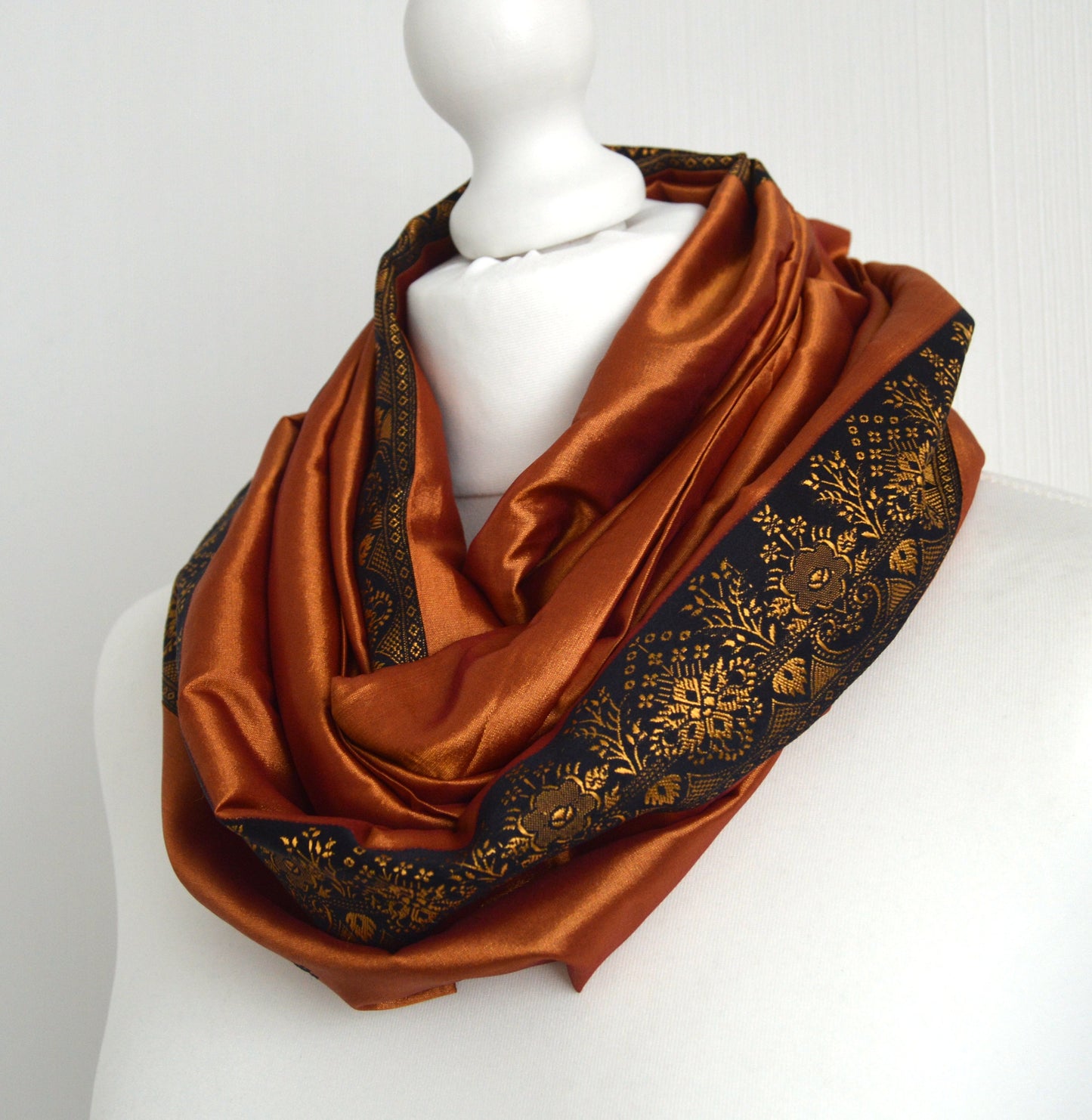 Copper Black Floral Faux Silk Vintage Sari Scarf - Bohemian Upcycled Eco Friendly Womens Scarf - Boho Zero Waste Womens Scarves Gift for Her