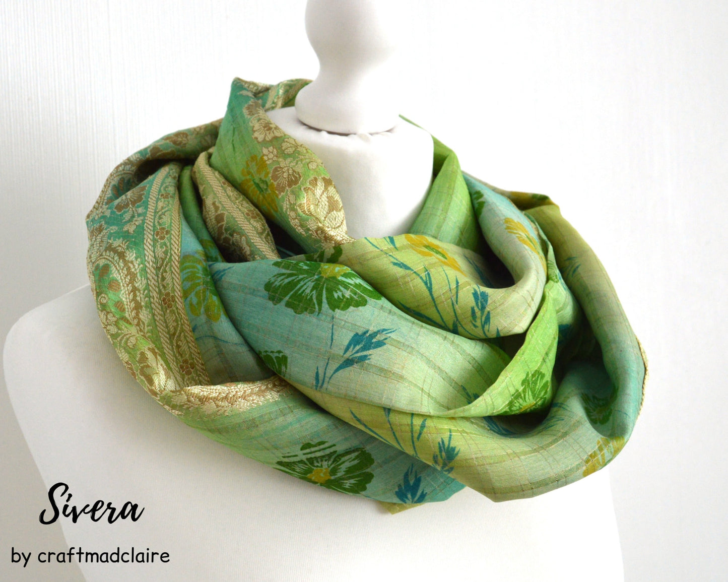 Lime Floral Brocade Upcycled Sari Silk Scarf - Eco Friendly Sari Silk Womens Scarf - Bohemian Zero Waste Spring Summer Gift for Her