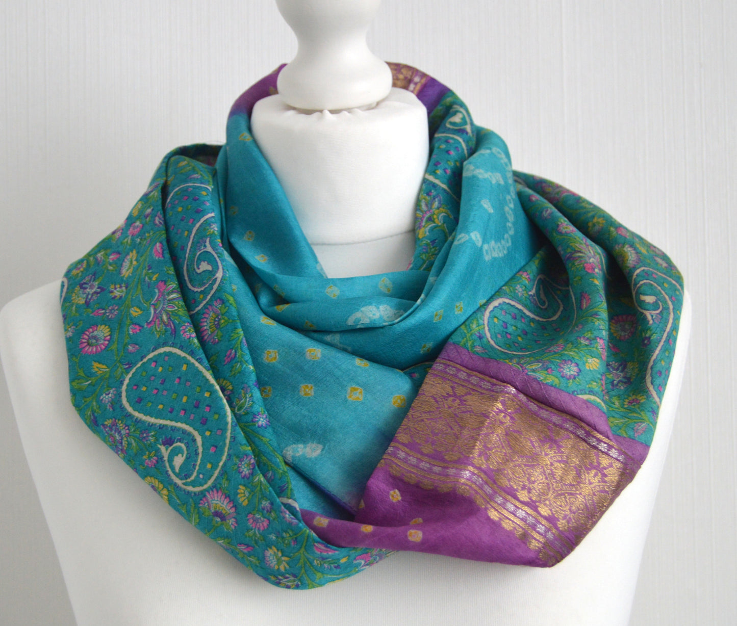 Turquoise Mauve Sari Silk Scarf - Silk Infinity Scarf - Indian Silk Scarf - Womens Scarf - Gift for Her - Boho Scarf - Unique Gift
