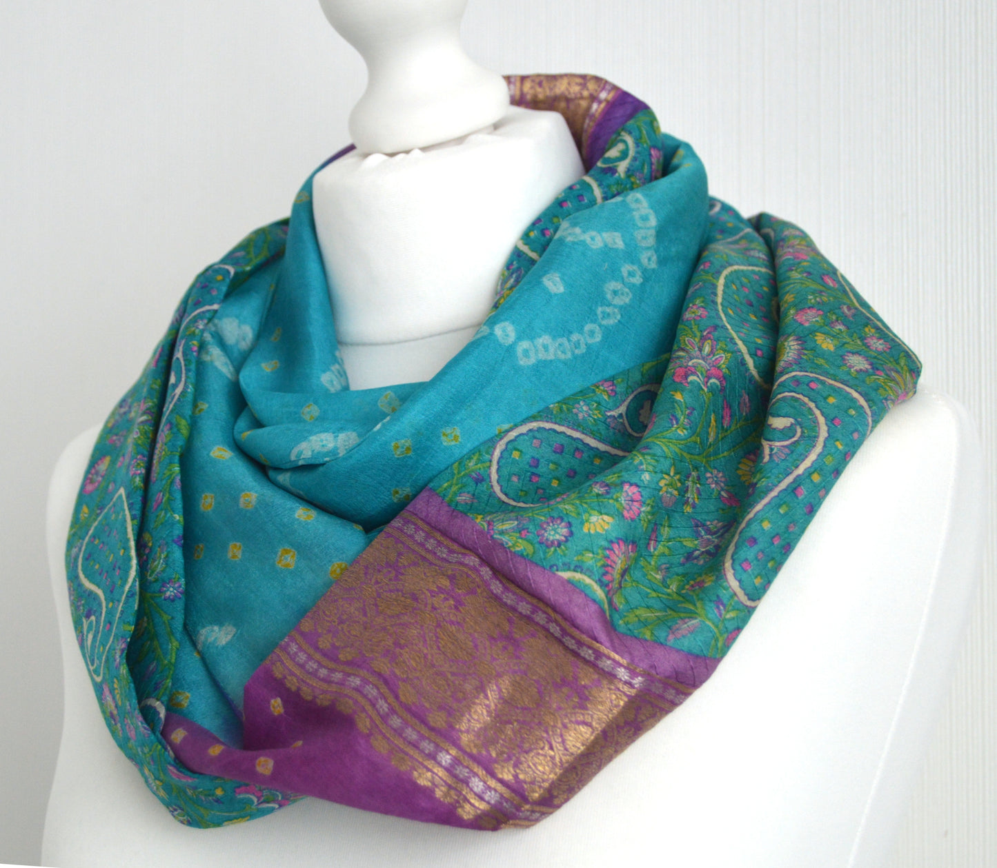 Turquoise Mauve Sari Silk Scarf - Silk Infinity Scarf - Indian Silk Scarf - Womens Scarf - Gift for Her - Boho Scarf - Unique Gift