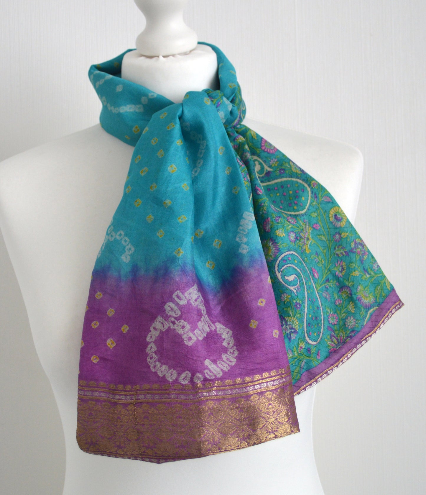 Turquoise Mauve Sari Silk Scarf - Silk Infinity Scarf - Indian Silk Scarf - Womens Scarf - Gift for Her - Boho Scarf - Unique Gift