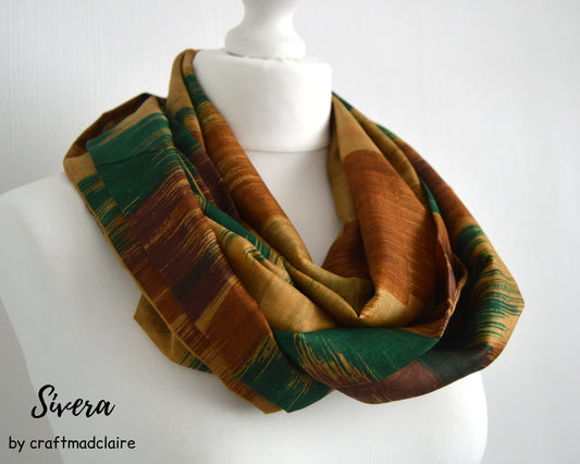 Beige Tan Green Upcycled Vintage Sari Silk Scarf