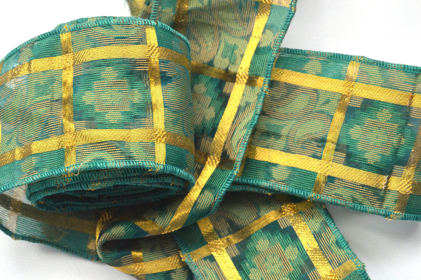Green & Gold Recycled Upcycled Vintage Sari Silk Ribbon - Bows Gift Wrap Decoration
