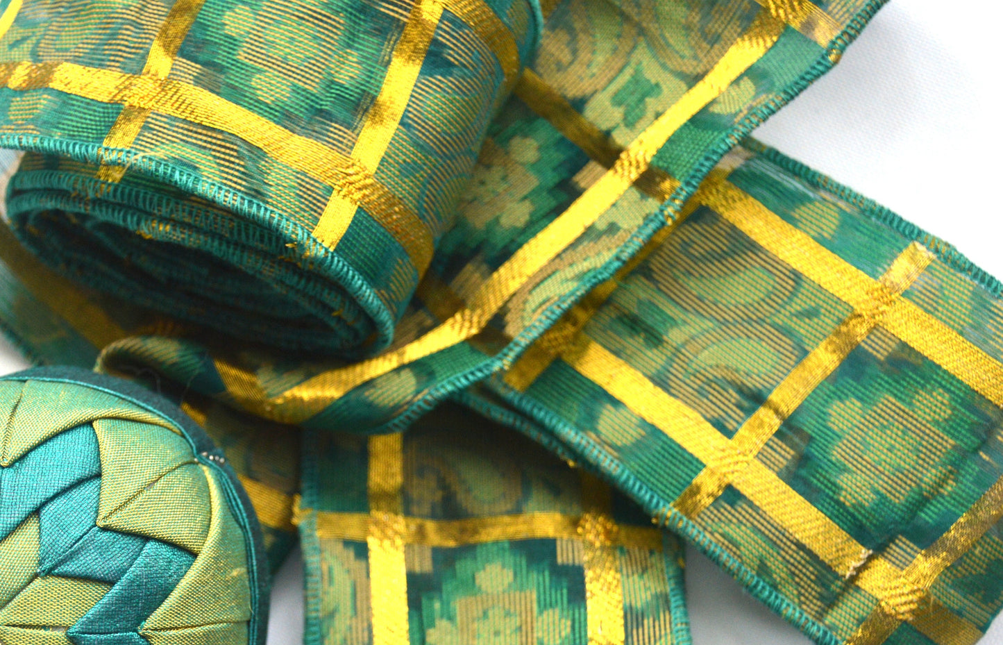 Green & Gold Recycled Upcycled Vintage Sari Silk Ribbon - Bows Gift Wrap Decoration