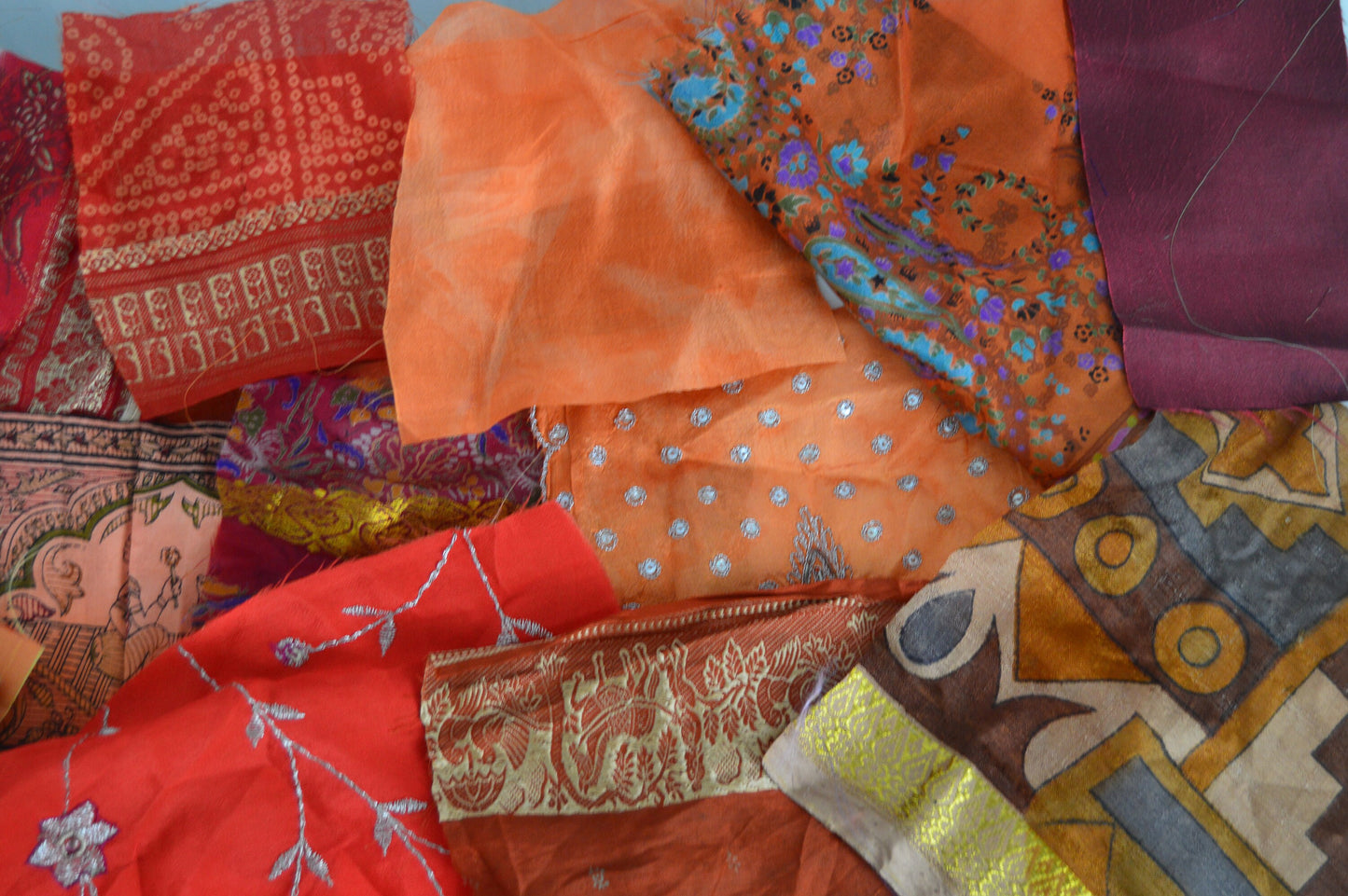 Red Orange Upcycled Sari Silk Scraps