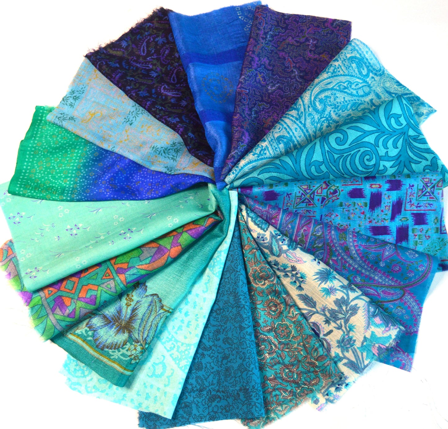 10 Inch x 16 Pieces Blue Recycled Vintage Silk Sari Scraps Craft Fabric Card Making Collage Mixed Media Textile Art Sewing Junk Journals