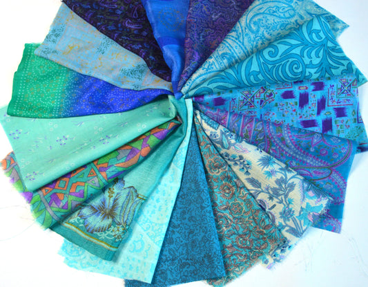 10 Inch x 16 Pieces Blue Recycled Vintage Silk Sari Scraps Craft Fabric Card Making Collage Mixed Media Textile Art Sewing Junk Journals