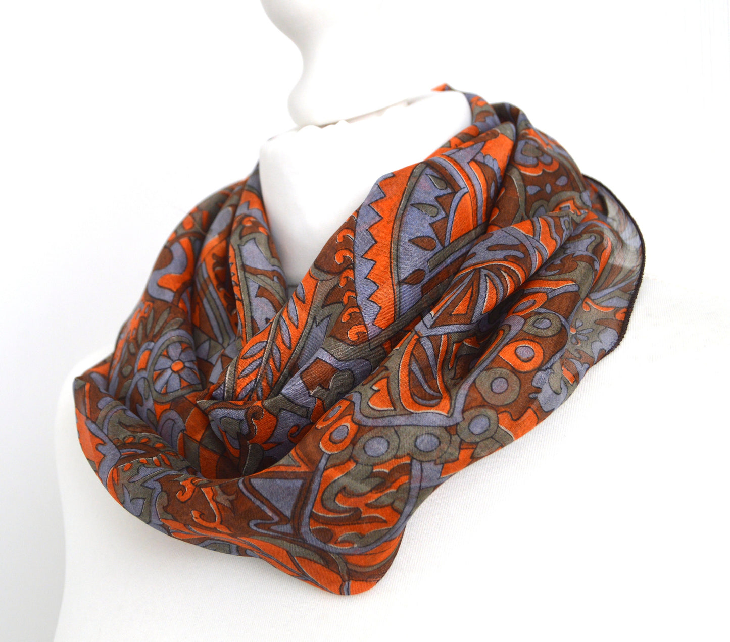Brown Orange Grey Upcycled Vinatge Sari Silk Scarf - Lightweight Scarf - Unisex Womens  Gift - Sari Silk Scarf - Bohemian Scarf