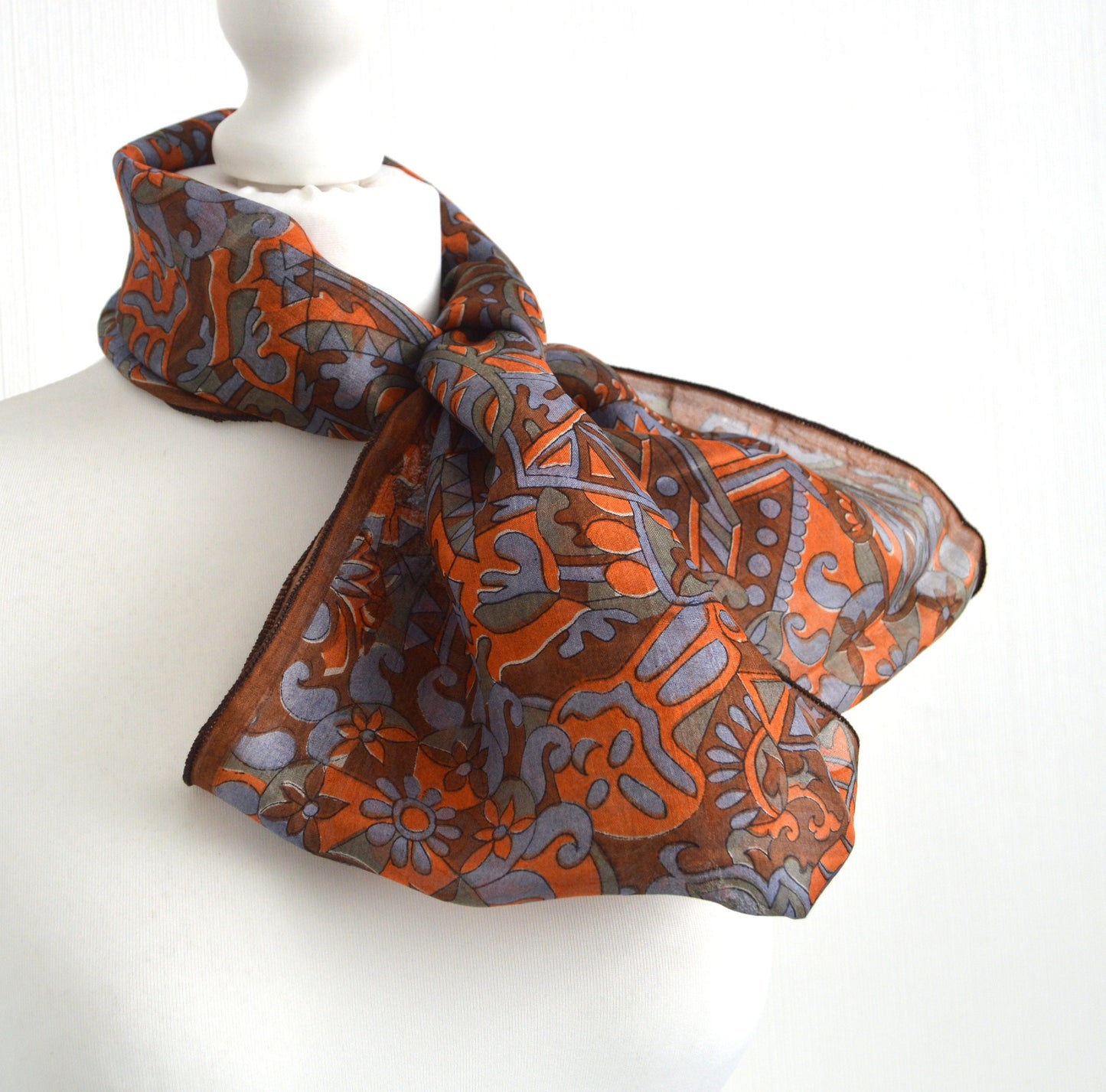 Brown Orange Grey Upcycled Vinatge Sari Silk Scarf - Lightweight Scarf - Unisex Womens  Gift - Sari Silk Scarf - Bohemian Scarf