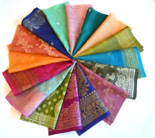 10 Inch x 16 Pieces Mixed Colour Upcycled Sari Silk Craft Fabric Card Making Collage Mixed Media Textile Art Sewing Junk Journals