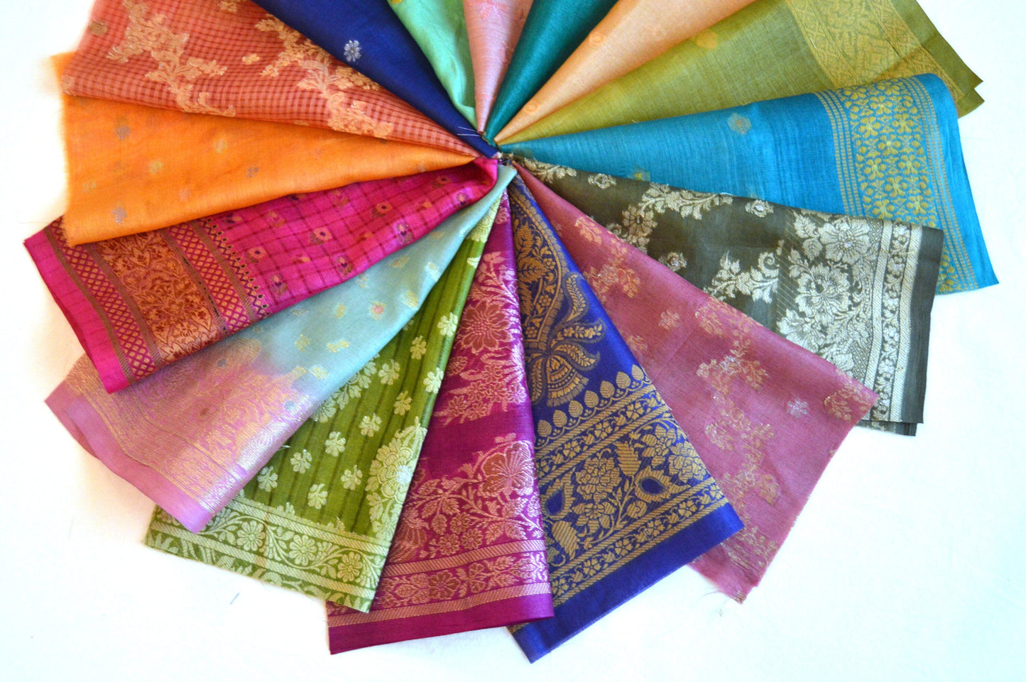 10 Inch x 16 Pieces Mixed Colour Upcycled Sari Silk Craft Fabric Card Making Collage Mixed Media Textile Art Sewing Junk Journals