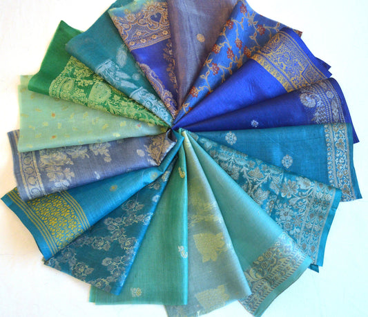 10 inch x 16 Pieces Blue Upcycled Sari Silk Squares