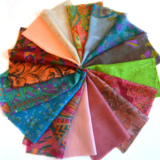 10 Inch x 16 Pieces Mixed Colour Upcycled Vintage Sari Silk Squares