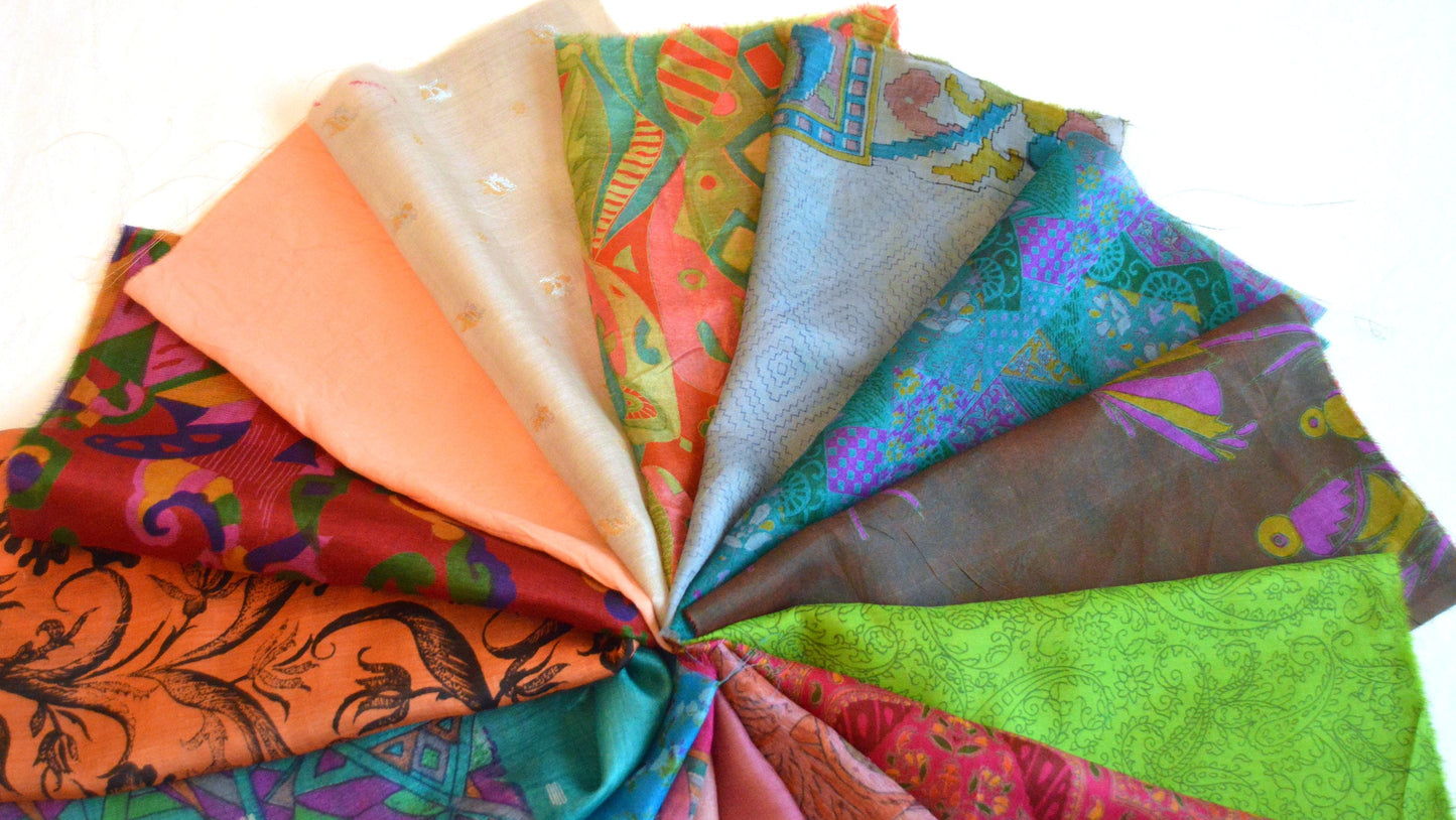 10 Inch x 16 Pieces Mixed Colour Upcycled Vintage Sari Silk Squares