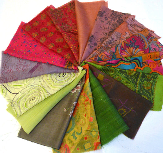 10 Inch x 16 Pieces Mixed Colour Upcycled Silk Sari Squares