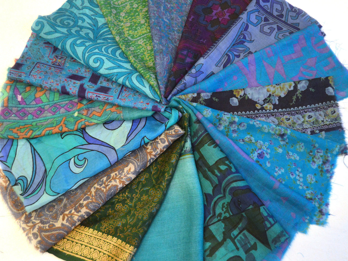 10 Inch x 16 Pieces Blue Green Upcycled Silk Sari Squares