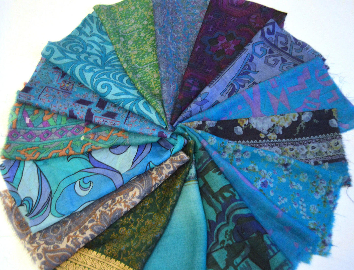 10 Inch x 16 Pieces Blue Green Upcycled Silk Sari Squares