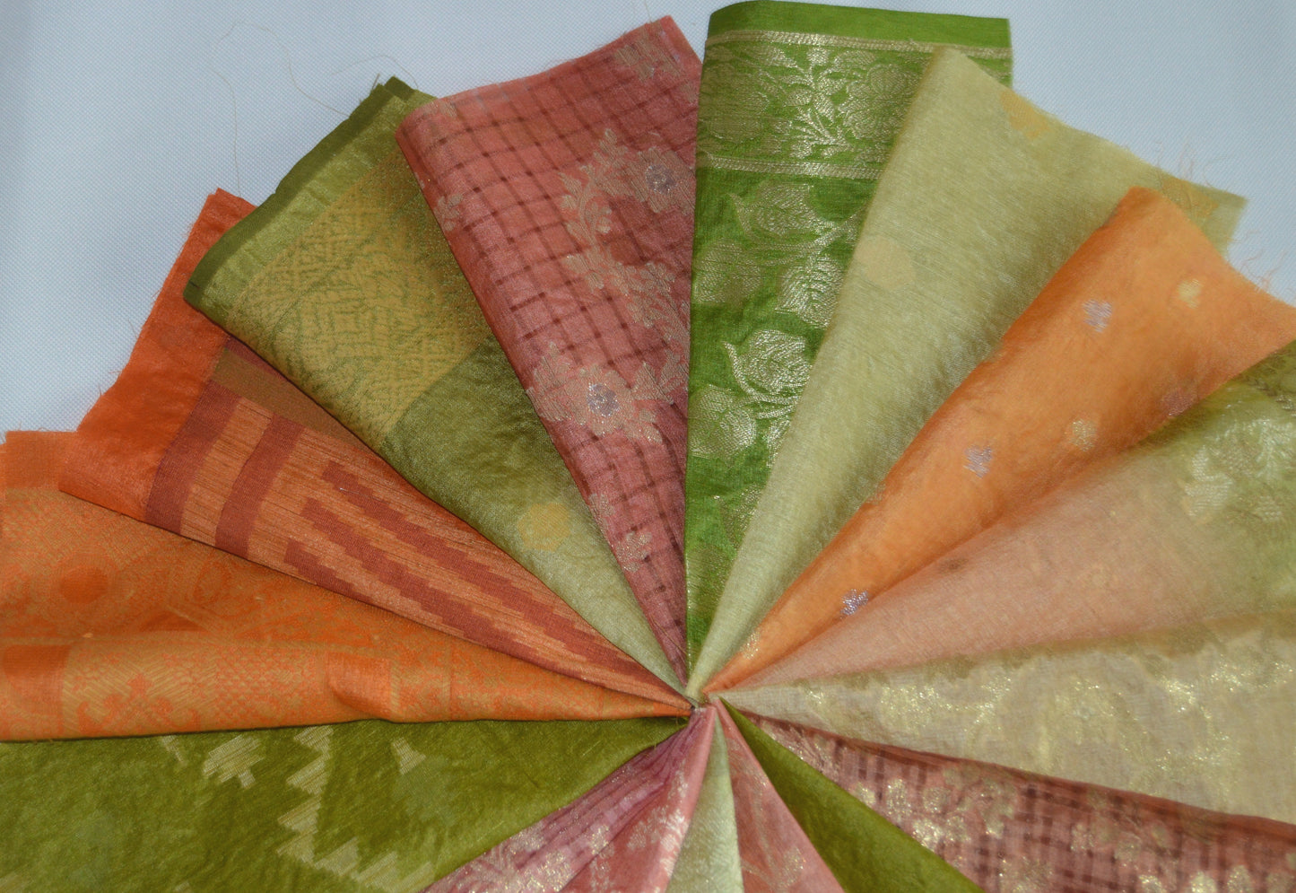 8 Inch x 16 Pieces Orange Green Recycled Vintage Sari Scraps Craft Fabric Card Making Collage Mixed Media Textile Art Sewing Junk Journals