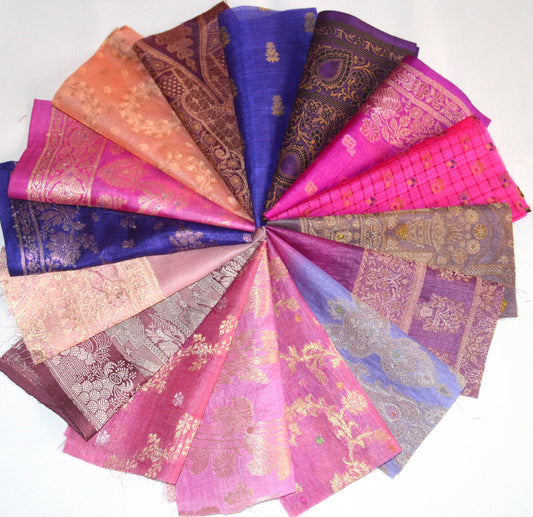 8 Inch x 16 Pieces Pink Purple Recycled Vintage Sari Scraps Craft Fabric Card Making Collage Mixed Media Textile Art Junk Journals