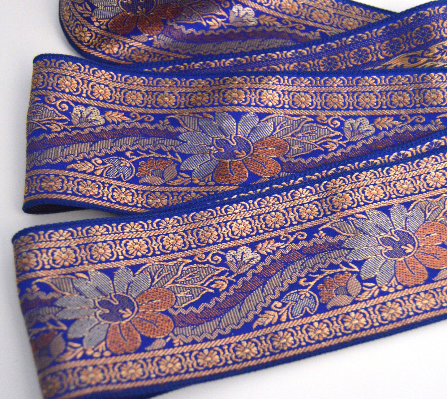 Royal Blue Brocade Faux Vegan Silk Vintage Recycled Upcycled Sari Silk Ribbon
