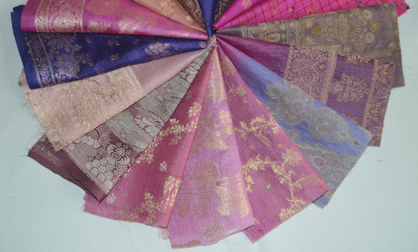 10 Inch x 16 Pieces Pink Purple Recycled Vintage Silk Sari Scraps Brocade Craft Fabric Collage Mixed Media Textile Art Junk Journals