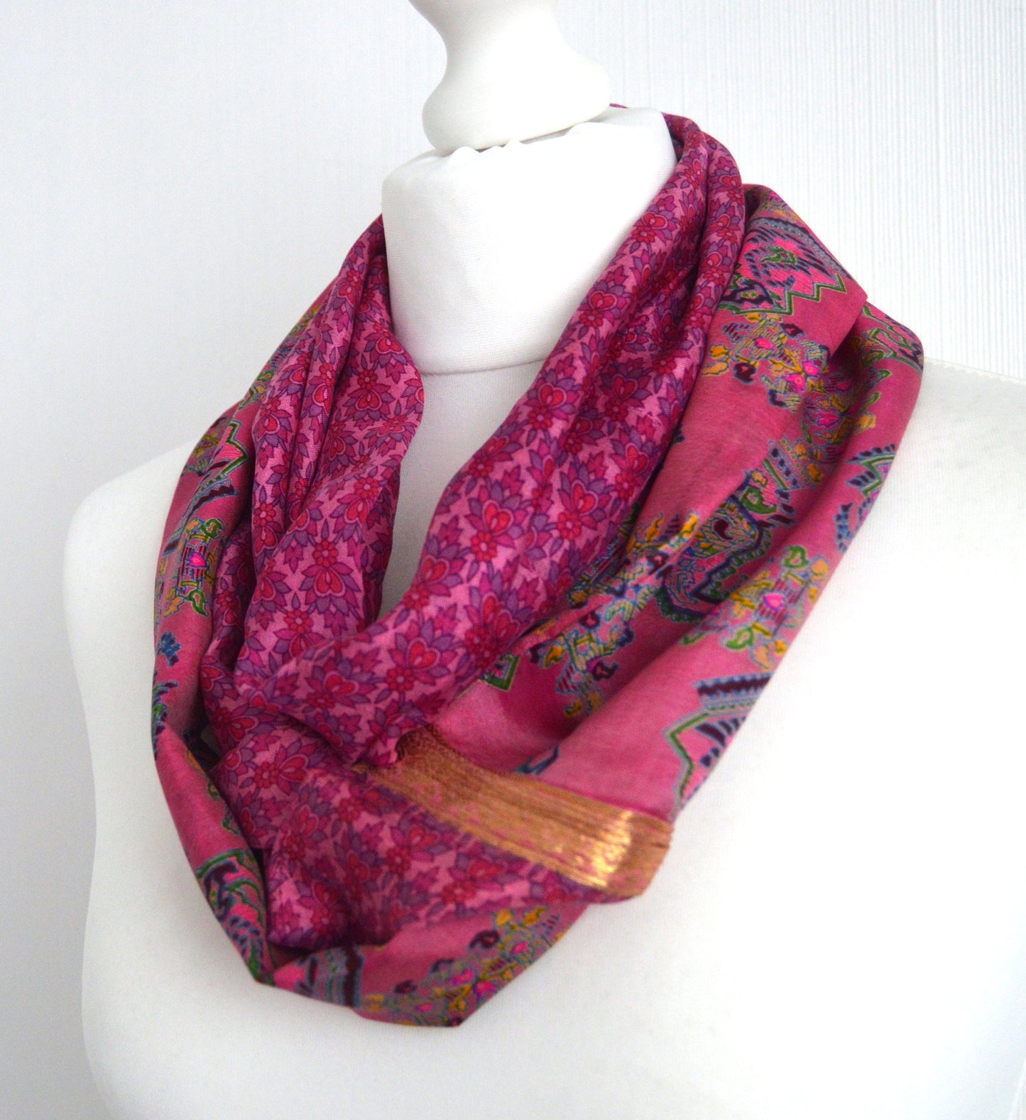 Cerise Pink Upcycled Sari Silk Infinity Scarf